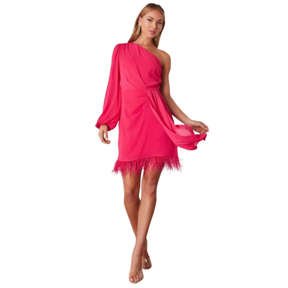 VICI Gaze Hot Pink One Shoulder Feather Mini Dress S
